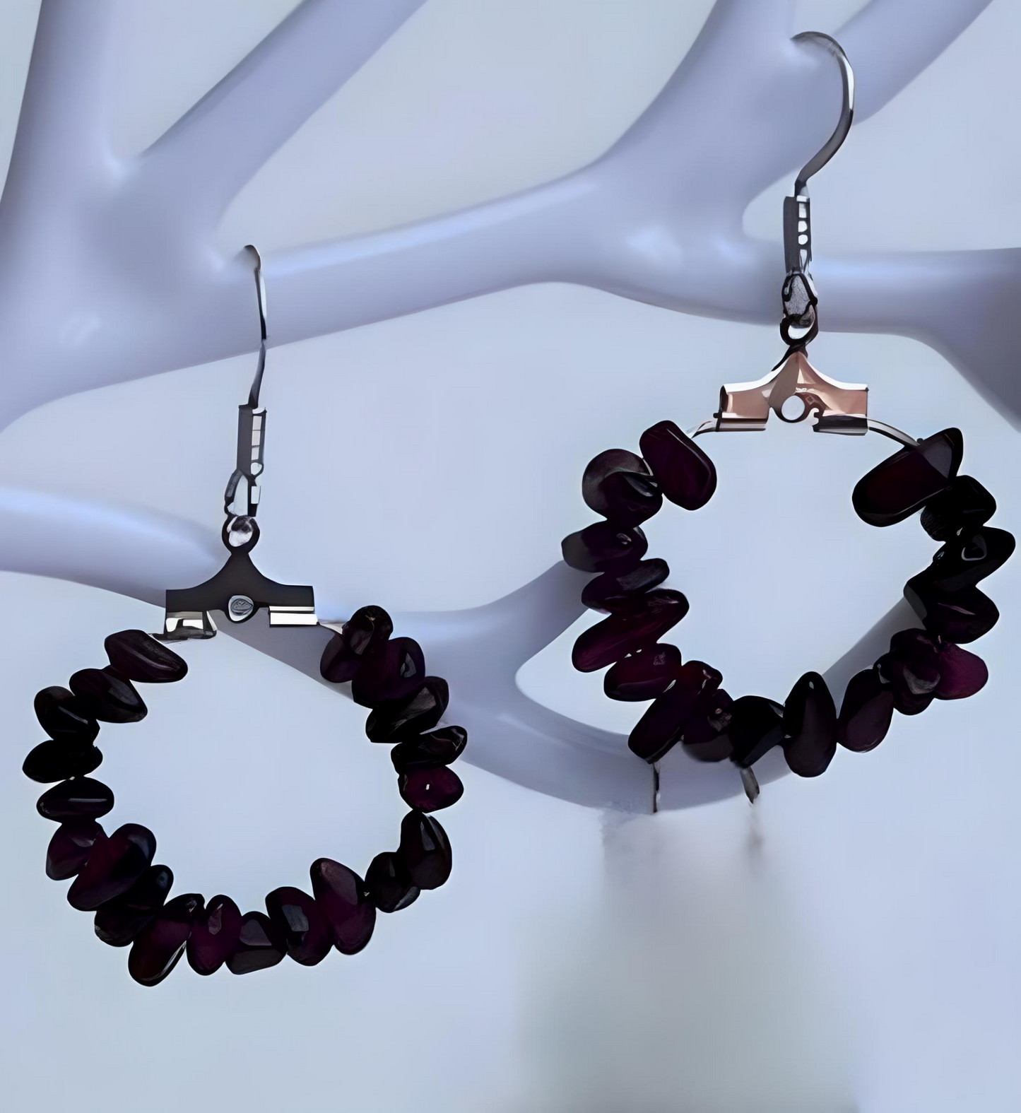 EAR0014 Earrings Featuring Deep Red Garnet Nugget Beads on Silver Wire Hoops