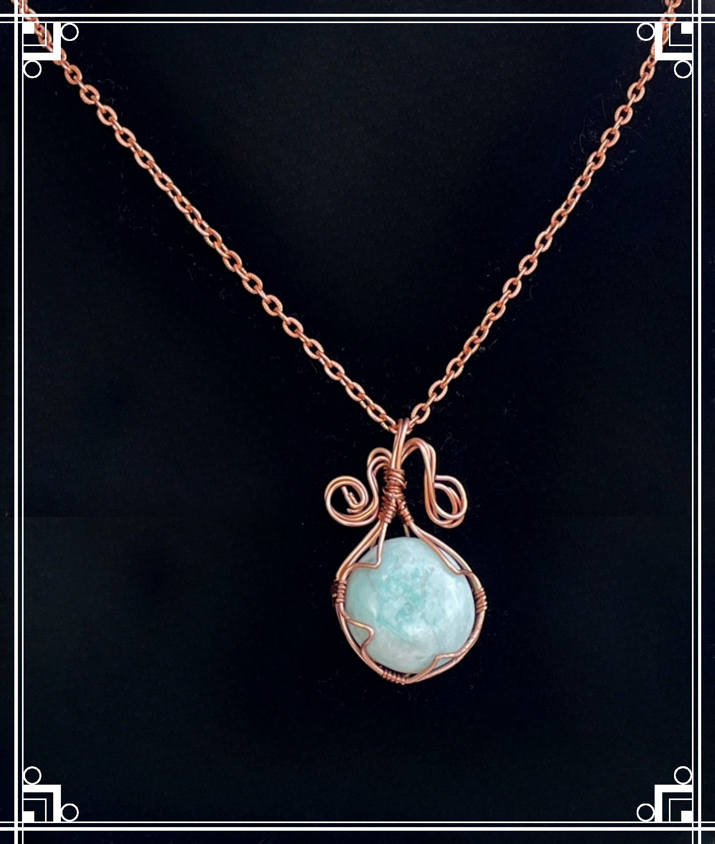 AMZ0001 25mm Round Amazonite Pendant in Bright Copper Wire-Wrapped Setting, Bright Copper Chain