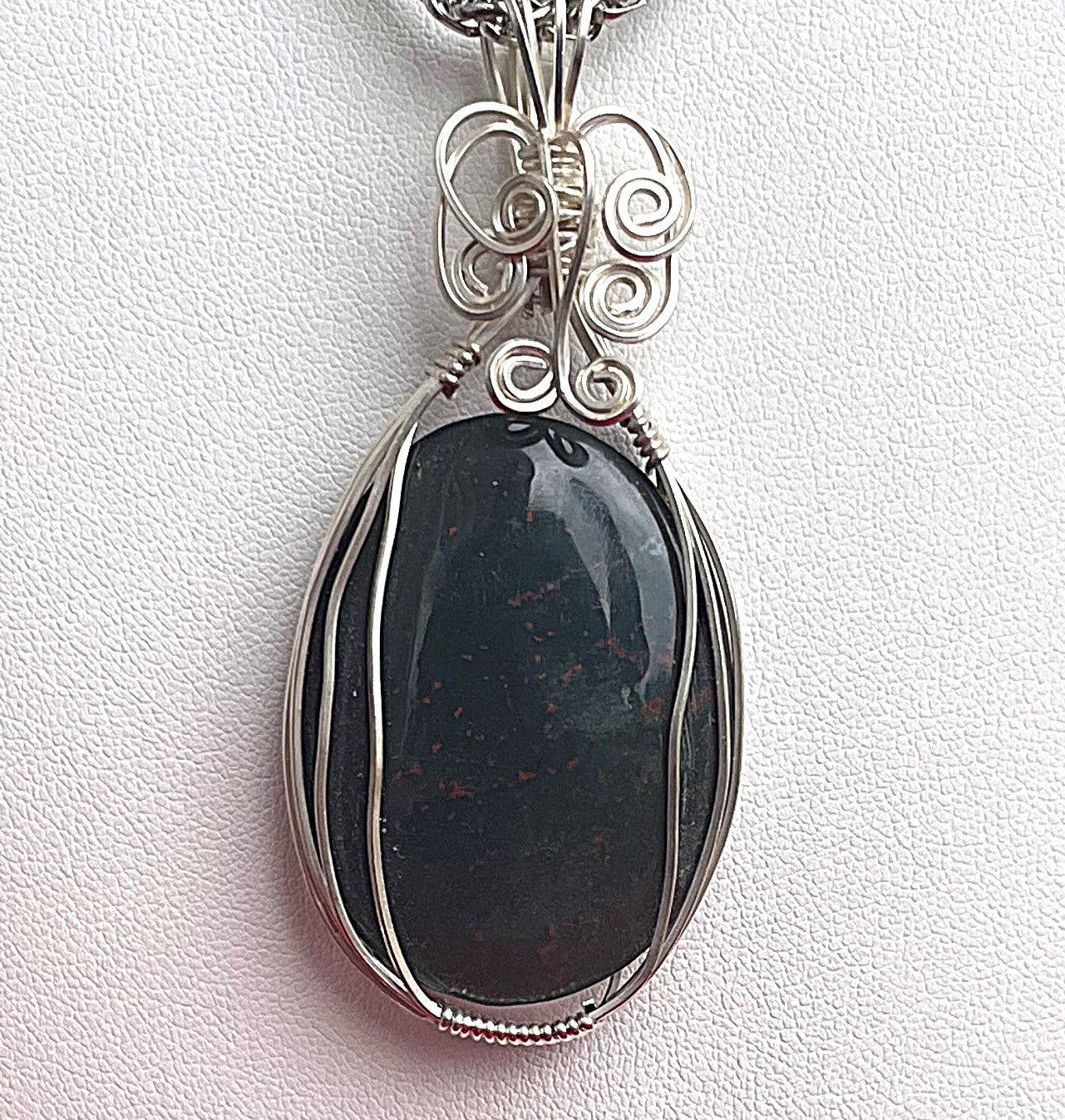 BLD0002 Dark Bloodstone Wrapped in Silver Wire on Silver Necklace