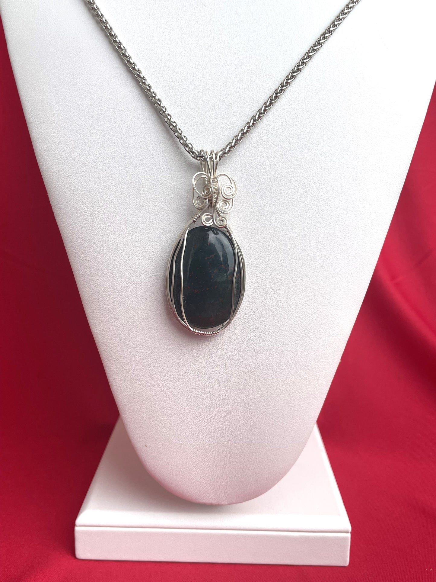 BLD0002 Dark Bloodstone Wrapped in Silver Wire on Silver Necklace