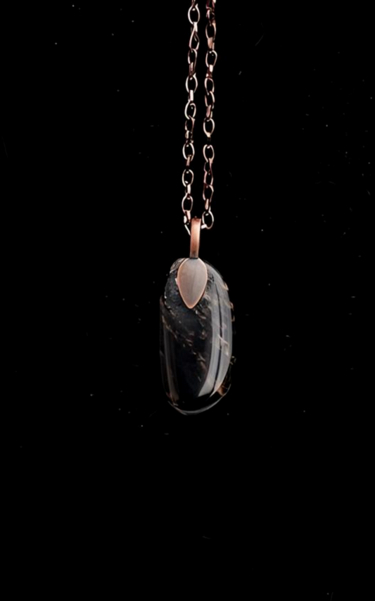 BLKJ0001 Black Jasper Pendant, Antiqued Copper Chain