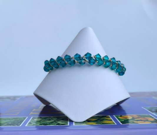 BRACE0006 Cuff With Aqua Faceted Czech Glass Beads On Silver-Colored Wire Frame, Gold-Colored Wire Wrap