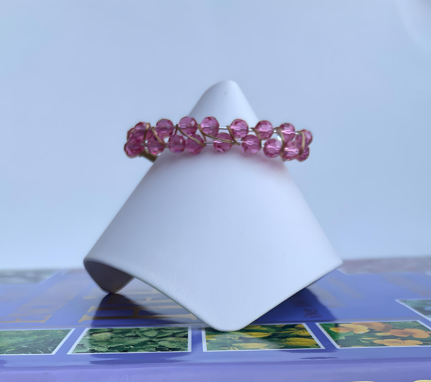 BRACE0007 Cuff With Pink Faceted Czech Glass Beads in Silver Wire Frame Wrapped in Gold Wire