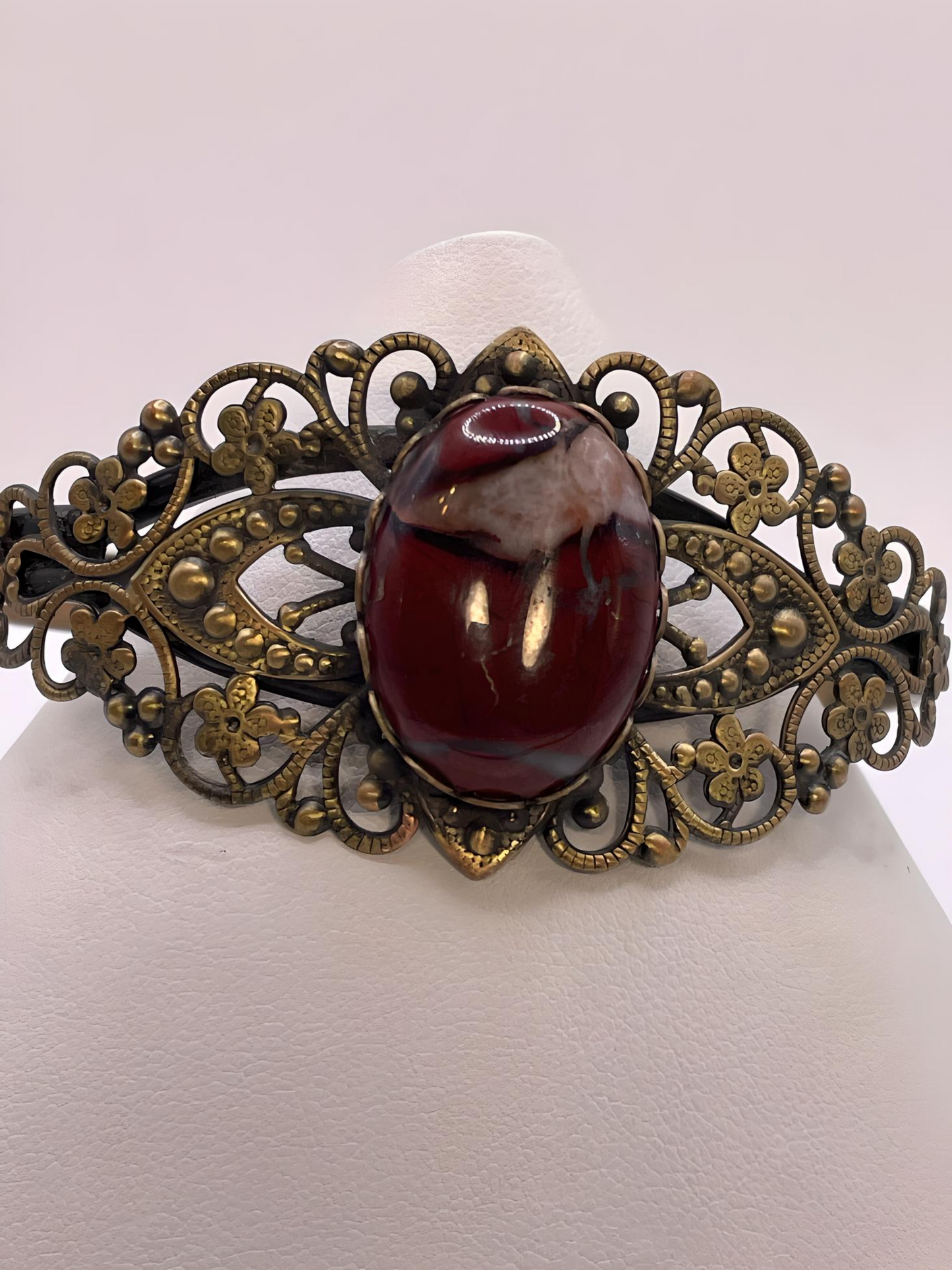 BRACE0016 Dark Red Jasper Stone Set in Antiqued Bronze Cuff