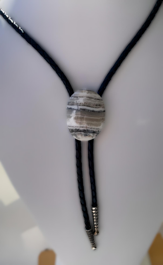 BT0002 Bolo Tie With Silver Lace Onyx Stone Slide, Braided Black Leather Cord with Silver Tips