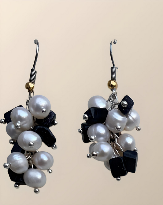 EAR0001 Black Goldstone Nugget Beads and Freshwater Pearl Dangle Earrings