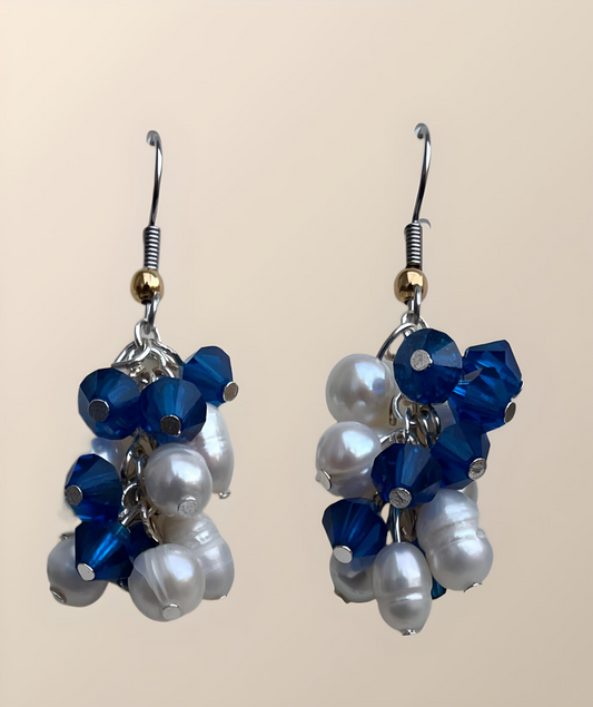 EAR0002 Sapphire Blue Faceted Czech Glass Beads, Freshwater Pearl Earrings