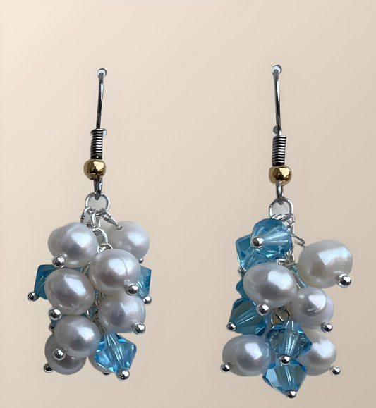 EAR0003 Sky-Blue Faceted Czech Glass Beads, Freshwater Pearl Dangle Earrings