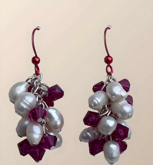 EAR0004 Deep Red Faceted Czech Glass Beads, Freshwater Pearl Dangle Earrings