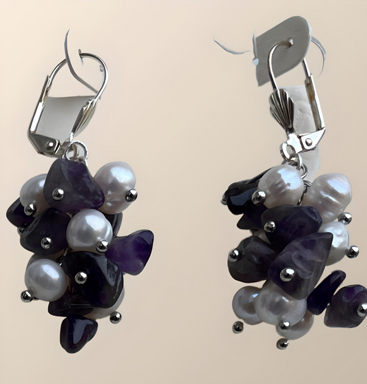 EAR0005 Deep Purple Amethyst Nugget Beads, Freshwater Pearl Dangle Earrings