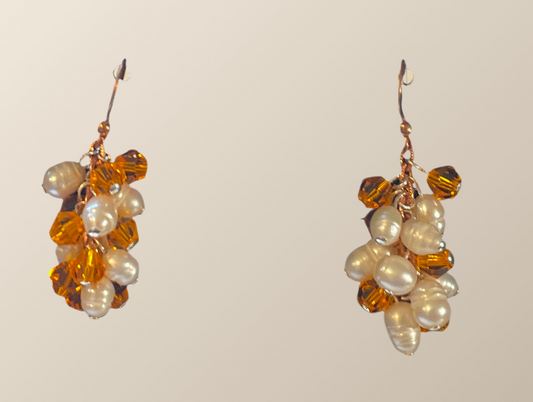 EAR0006 Faceted Gold Colored Czech Glass Beads, Freshwater Pearl Dangle Earrings