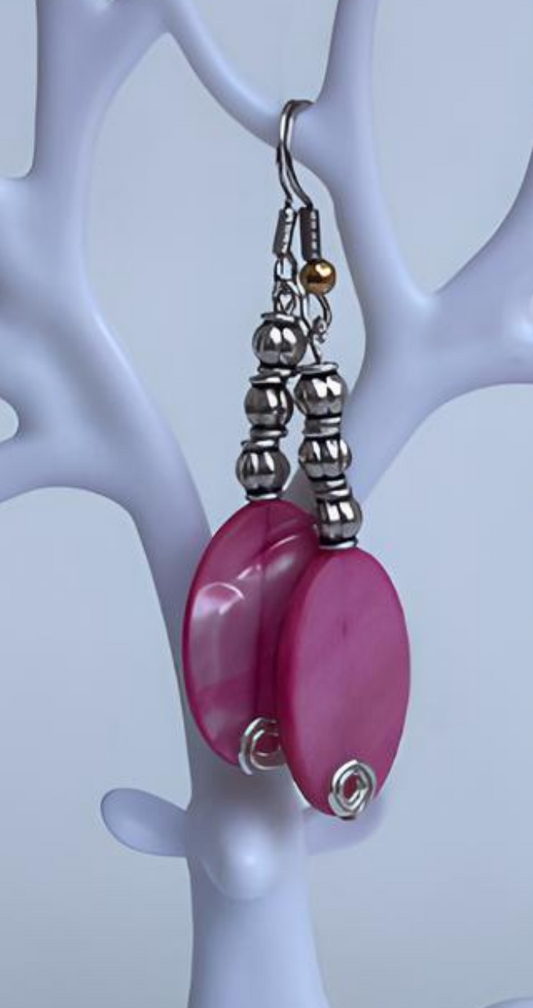 EAR0007 Pink (Dyed) Paua Shell Dangle Earring With Antiqued Silver Beads