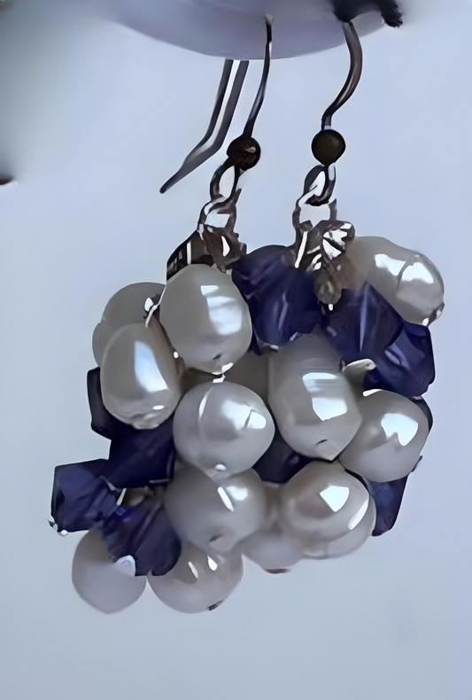 EAR0010 Freshwater Pearl and Deep Blue Faceted Czech Glass Bead Dangle Earrings