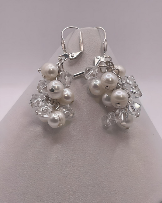 EAR0011 Dangle Earrings of White Freshwater Pearls and Clear Faceted Czech Glass Beads