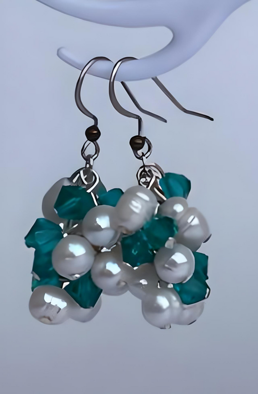 EAR0012 Freshwater Pearls With Turquoise Color Faceted Czech Glass Bead Dangle Earrings