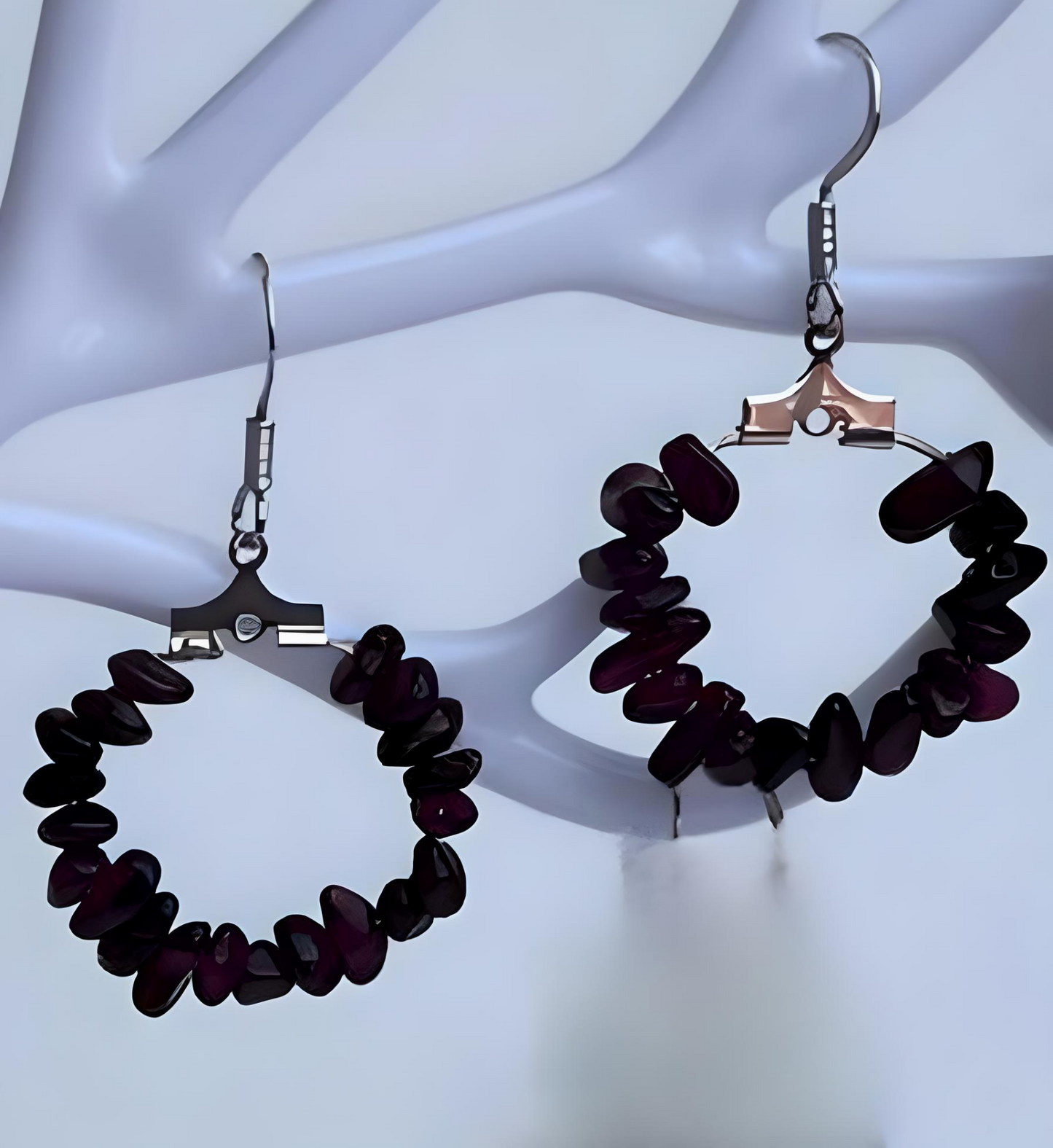 EAR0014  Earrings Featuring Deep Red Garnet Nugget Beads on Silver Wire Hoops