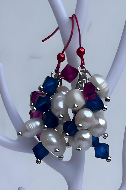 EAR0015 White Freshwater Pearls, Red and Blue Faceted Czech Glass Beaded Dangle Earrings