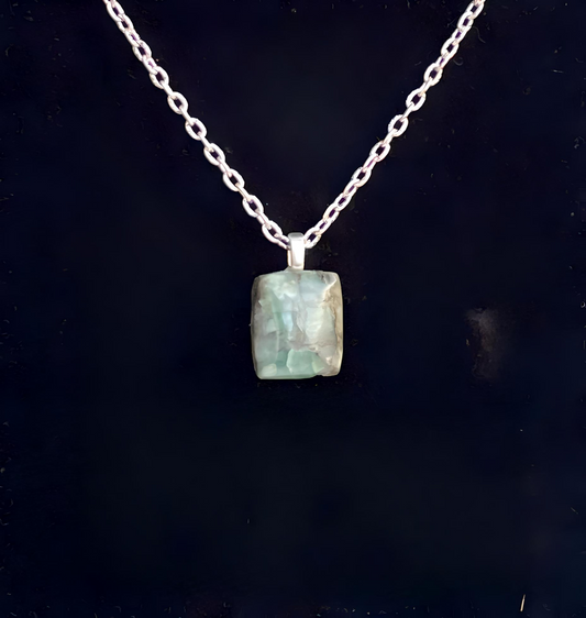 EM0002 Small, Rectangular Emerald Pendant on Antiqued Silver Chain