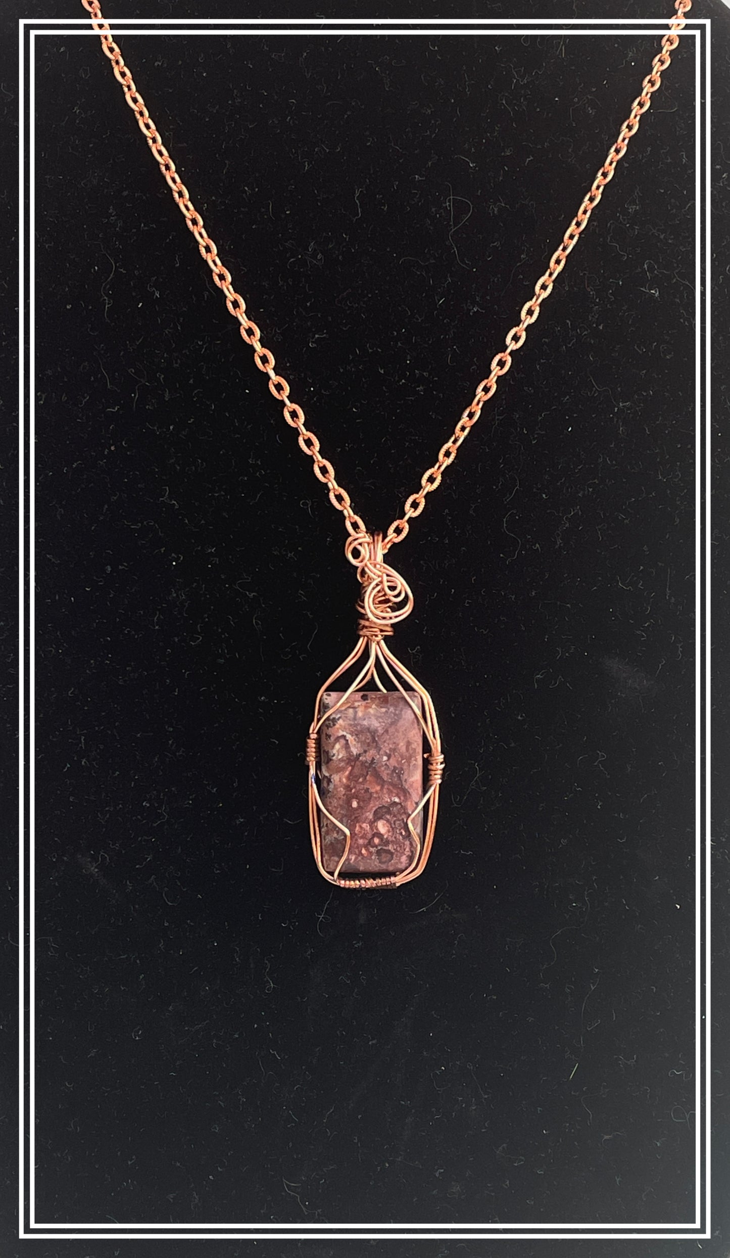 KD0001 Pendant of 30mm x 18mm Kona Dolomite Cushion Wrapped in Bright Copper Wire on Bright Copper Chain