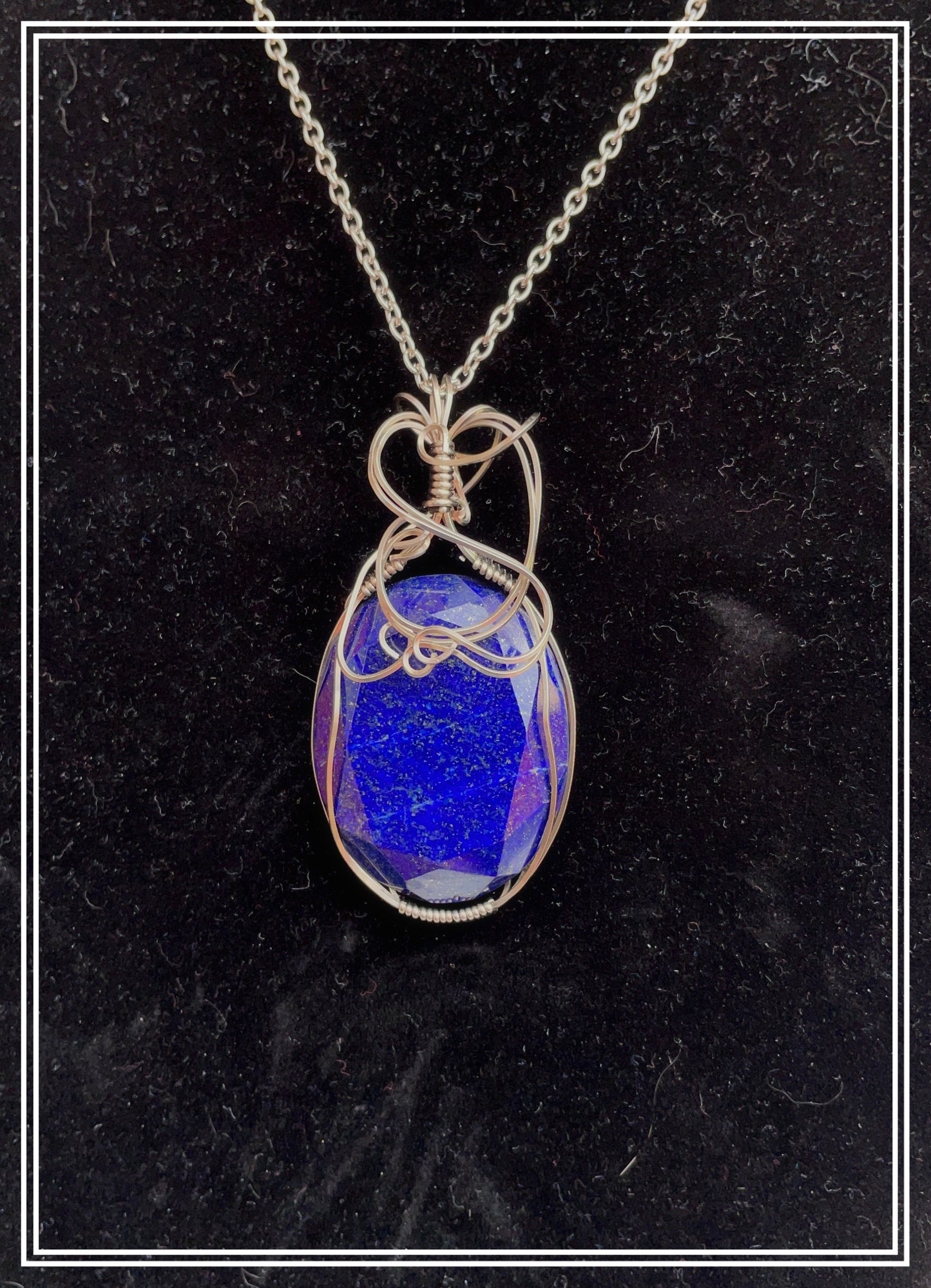 LL0001 Lapis Lazuli Oval Stone Pendant in Silver Wire on Silver Chain