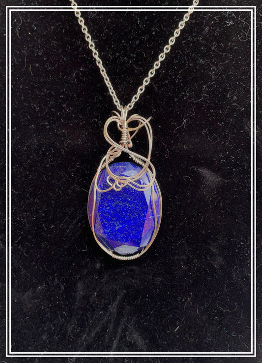 LL0001 Lapis Lazuli Oval Stone Pendant in Silver Wire on Silver Chain