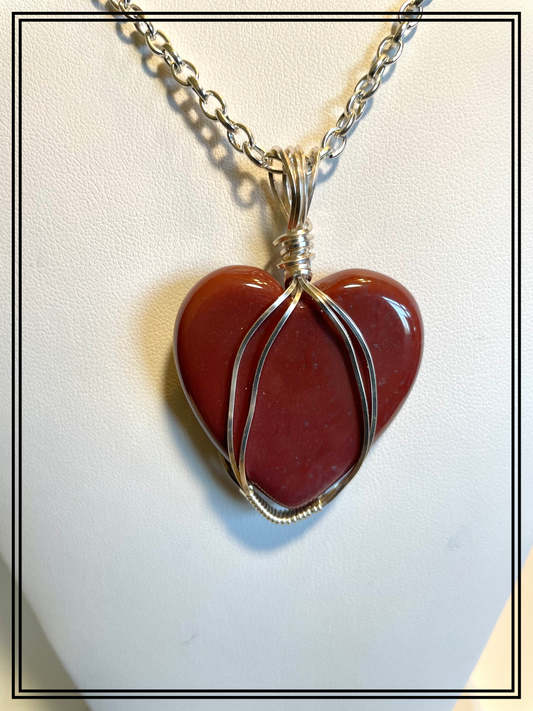 JASP0011 Large Red Jasper Heart Wrapped in Sterling Silver Wire on Silver Chain