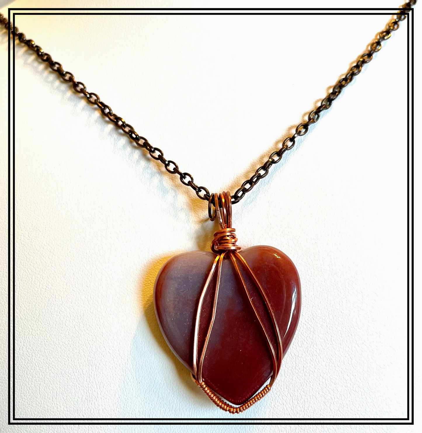 JASP0012 Large Red Jasper Heart in Antiqued Copper Wire with Antiqued Copper Chain