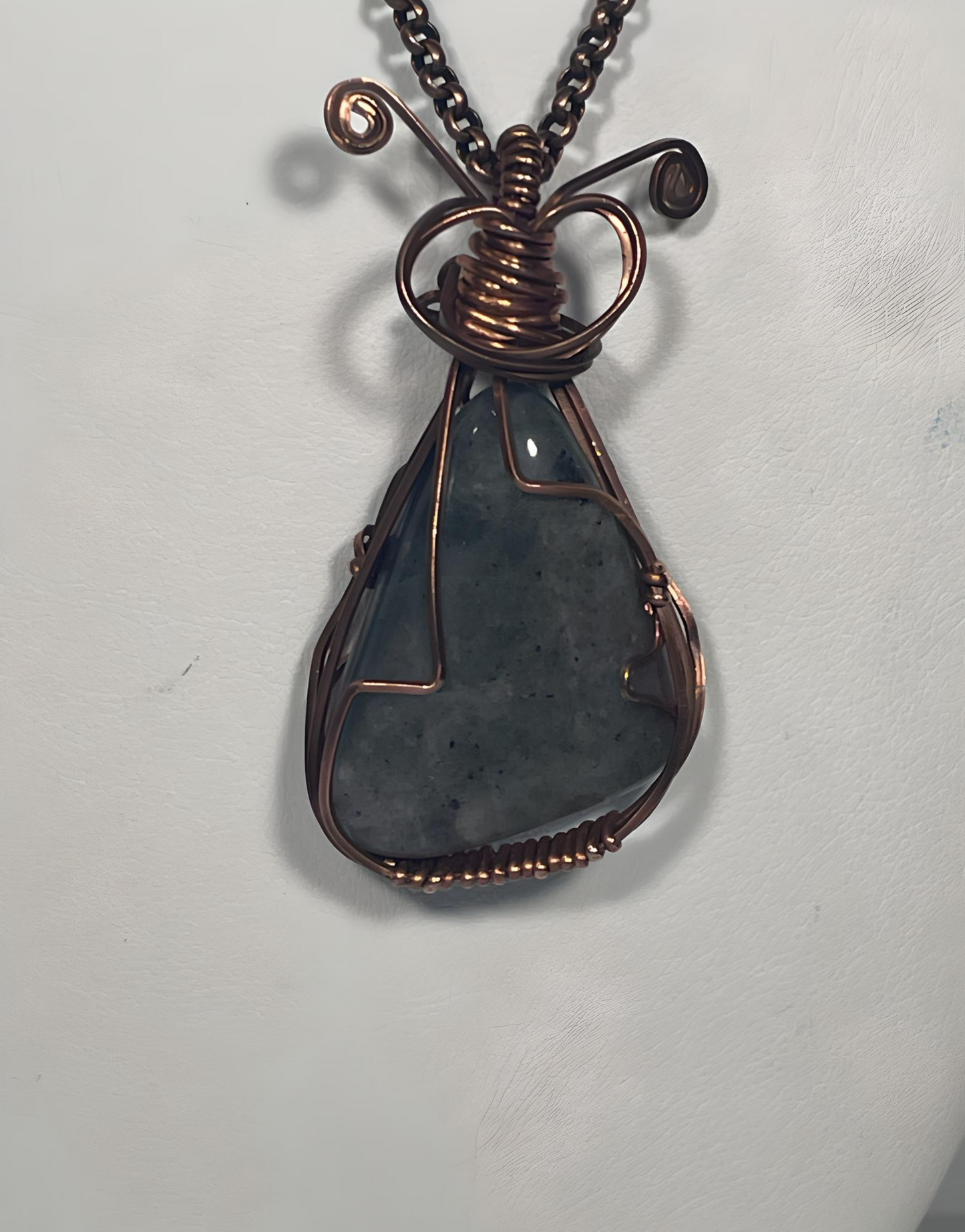 MAG0008 Pendant of Deep Green/Gray Gemstone Wrapped in Antiqued Copper Wire on Copper Chain