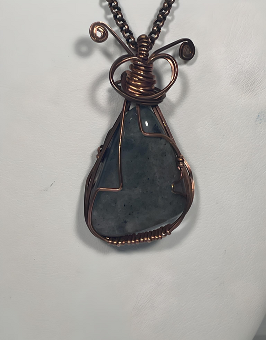 MAG0008 Pendant of Deep Green/Gray Gemstone Wrapped in Antiqued Copper Wire on Copper Chain