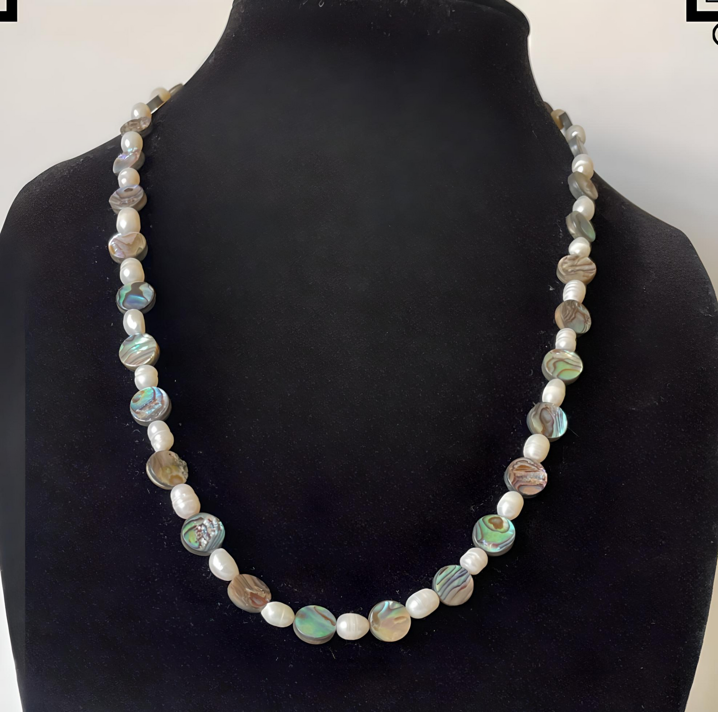 NECK0005 Fresh-Water Pearl and Paua Shell Beaded Necklace