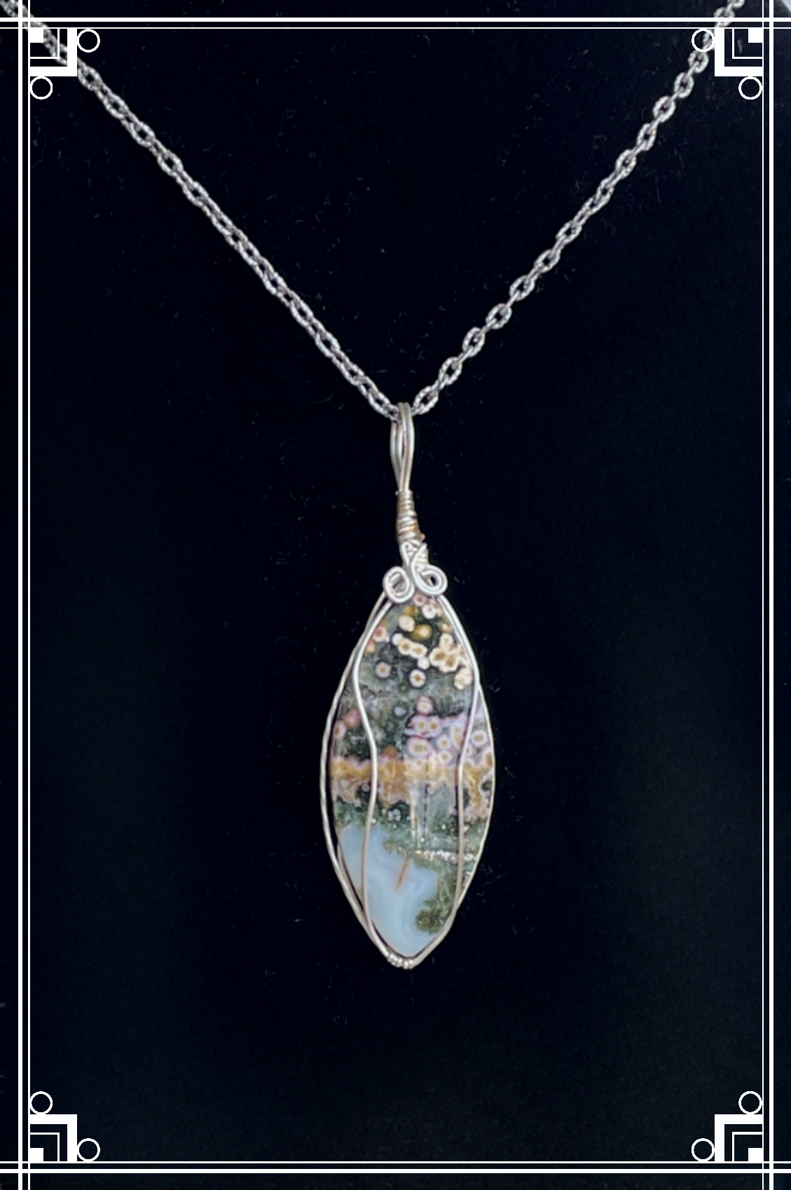 OJ0001 Ocean Jasper Pendant on 24" Antiqued Silver Chain