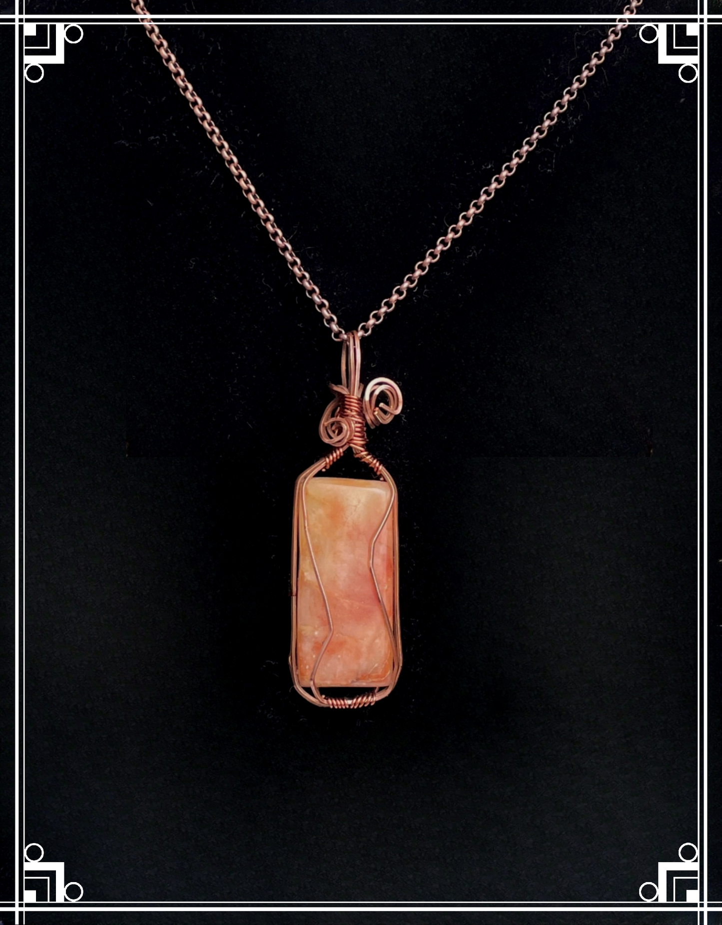 OQ0001 Pendant of Orange Quartz Wrapped in Oxidized Copper, Antiqued Copper Chain