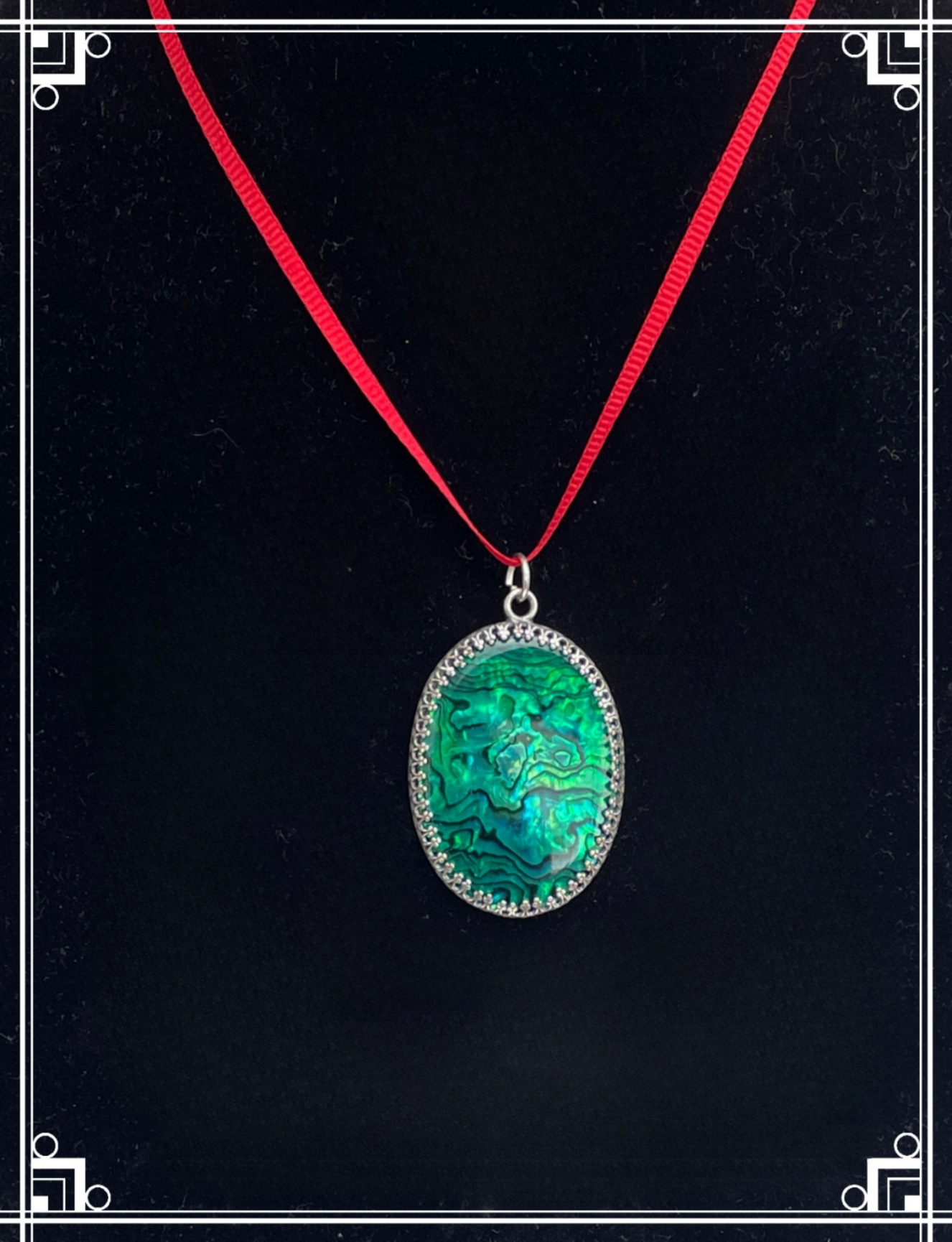 PS0001 40mm x 30mm Green Paua (Dyed Abalone) Pendant in Antiqued Sterling Silver Bezel