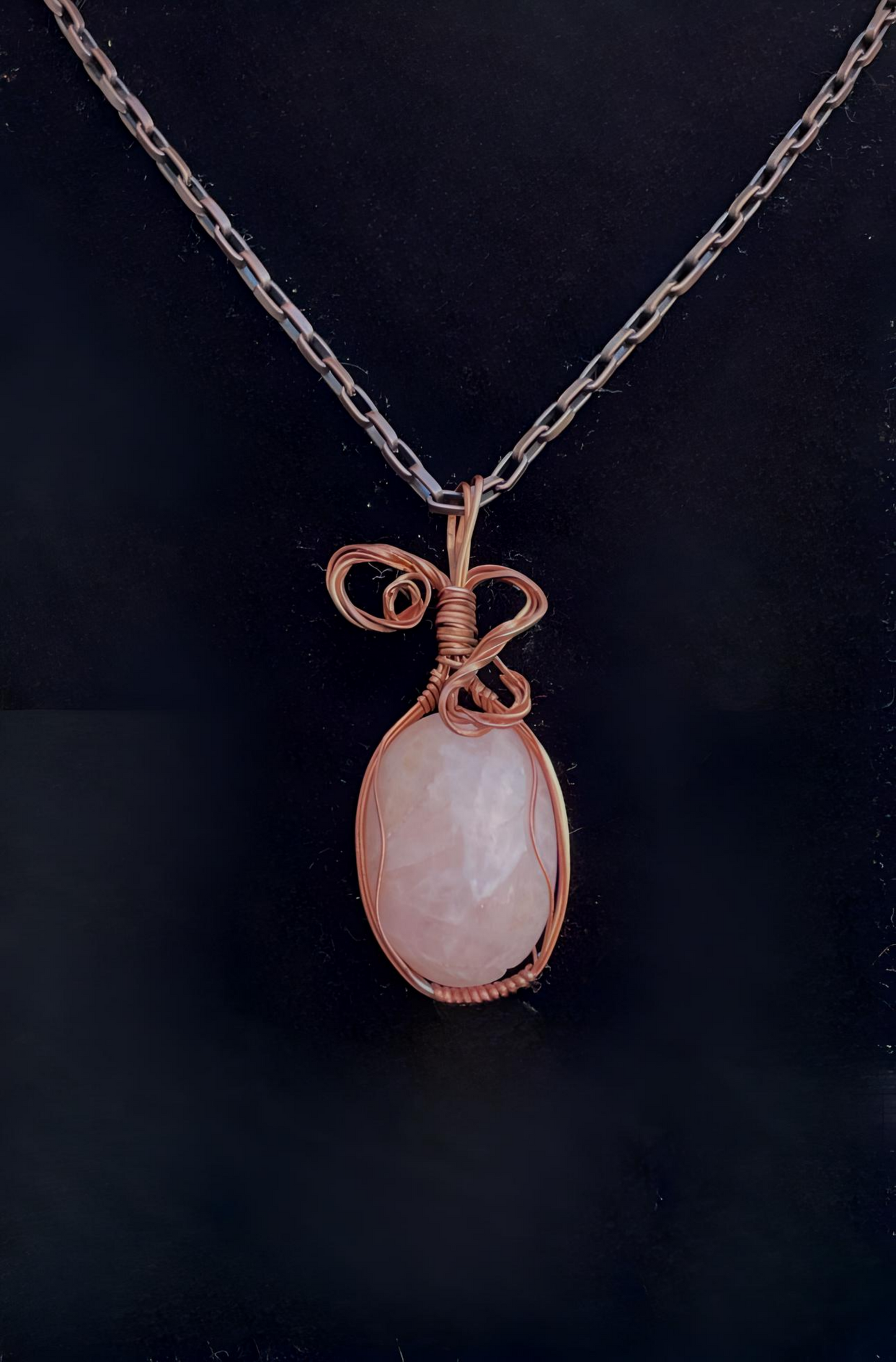 QP0001 Pink Quartz Pendant, Antiqued Copper Wire-Wrapped, Antiqued Copper Chain