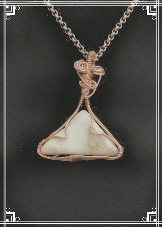 RH0002 Triangle-shaped, Antique Copper Wrapped Rhodonite Pendant on 24" Antiqued Copper Chain