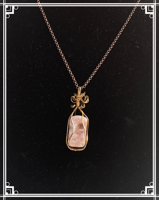 RH0004 Pendant of Rhodonite Wrapped in Oxidized Copper, Oxidized Copper Chain