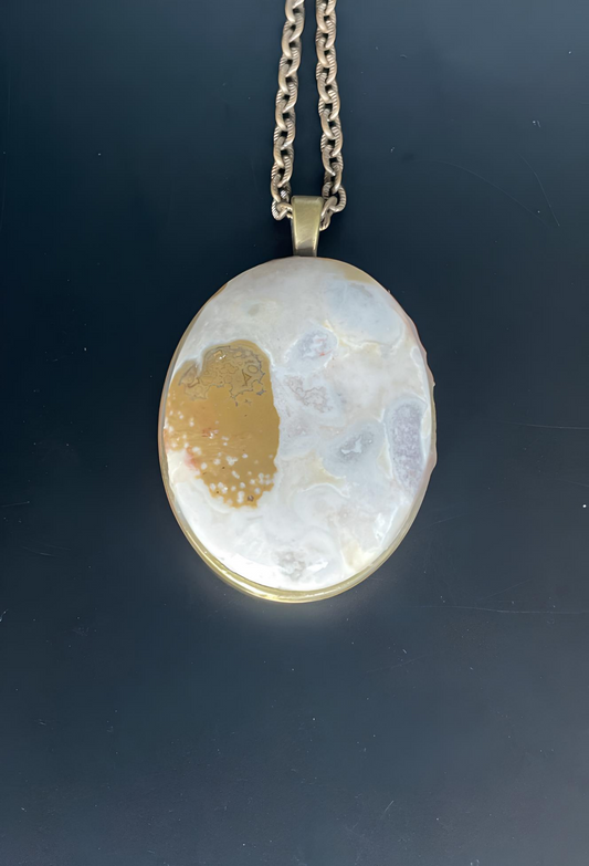 RHOD0003 Large Rhodonite Pendant In Antiqued Yellow Brass Bezel, Antiqued Yellow Brass Chain