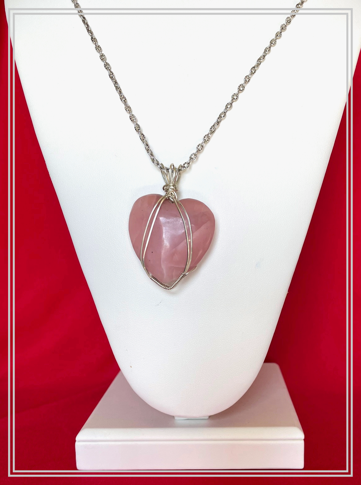 RQ0002 Heart-Shaped Rose Quartz Wrapped in Sterling Silver Wire