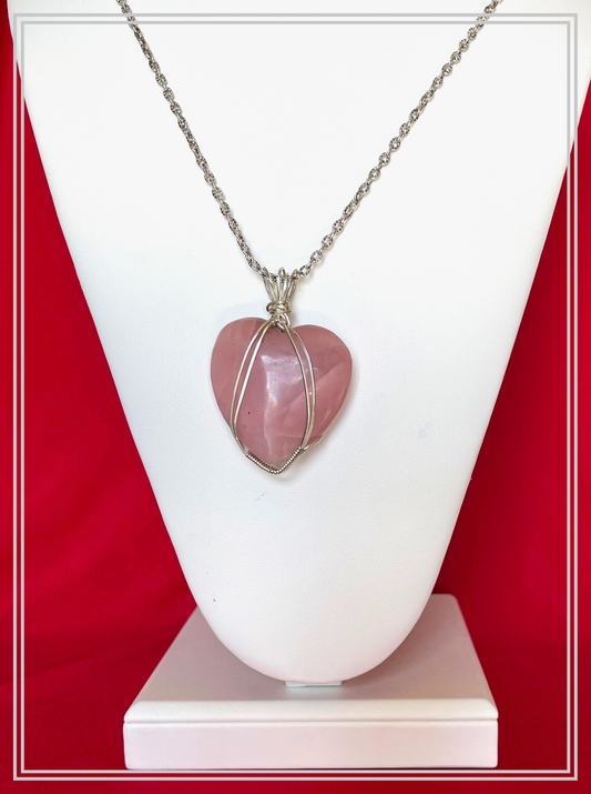 RQ0002 Heart-Shaped Rose Quartz Wrapped in Sterling Silver Wire