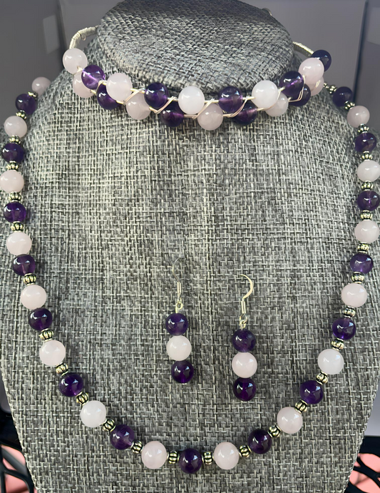 SET0002 Amethyst, Rose Quartz, and Silver Beaded Necklace With Matching Bracelet and Earrings