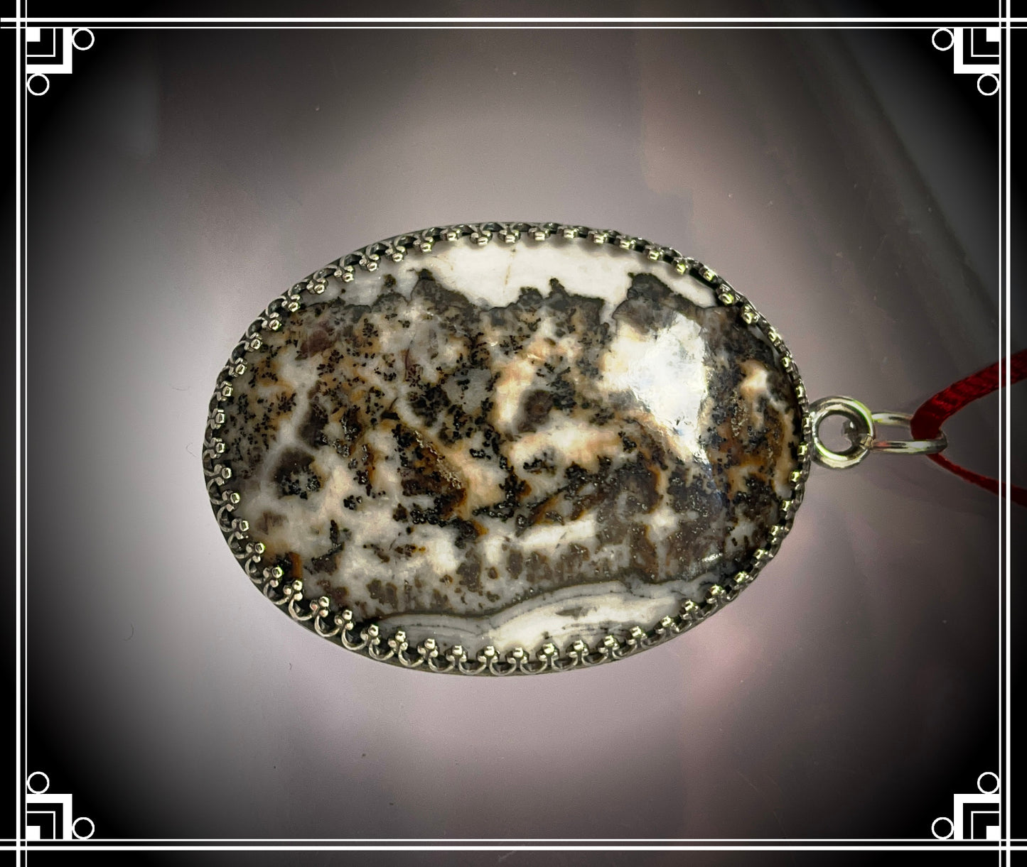 SLO0001 Silver Lace Onyx 40mm x 30mm Oval Cabochon Pendant Set In Antiqued Silver Bezel