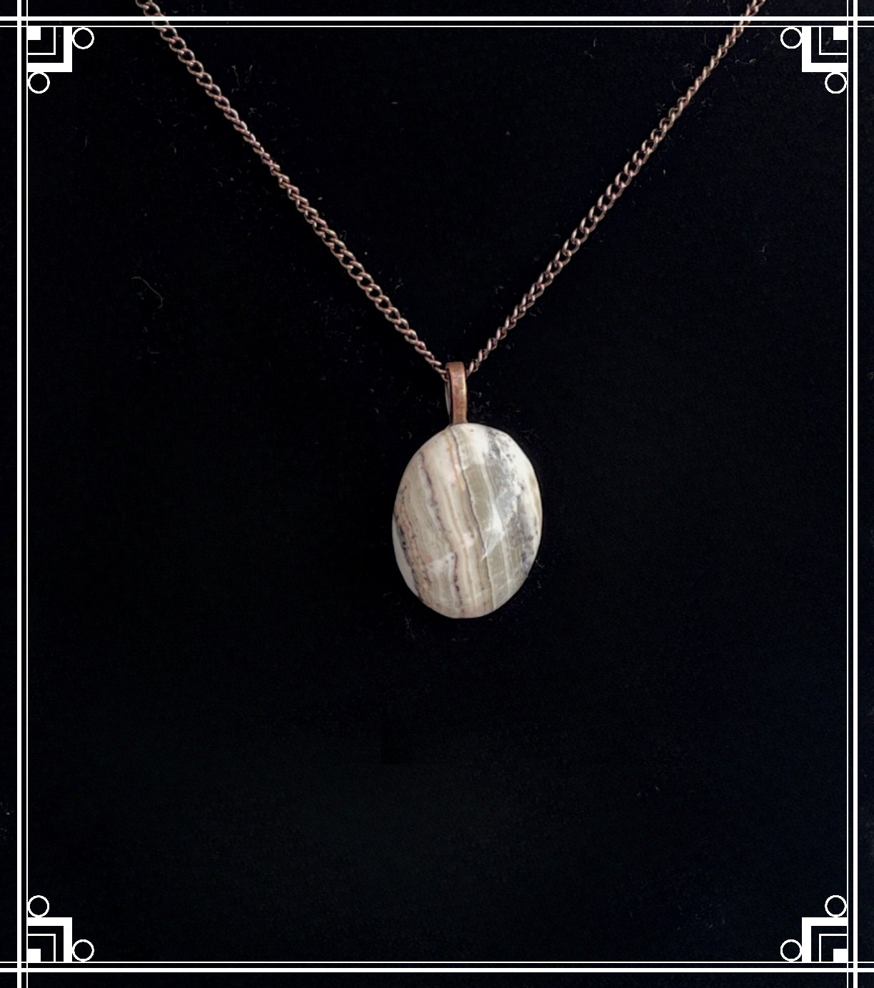 SL0003 High Dome Silver Lace Onyx Pendant on Antiqued Copper Chain