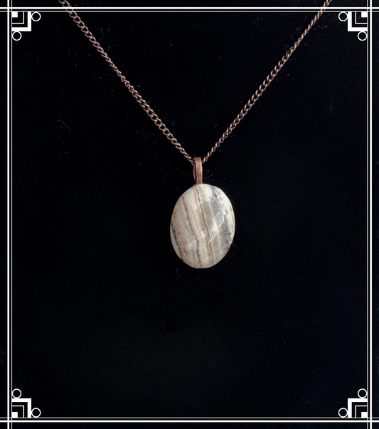 SL0003 High Dome Silver Lace Onyx Pendant on Antiqued Copper Chain