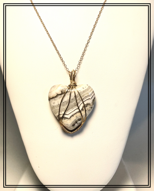 SLO0005 Large Silver Lace Onyx Heart Necklace Wrapped in Bright Yellow Brass Wire