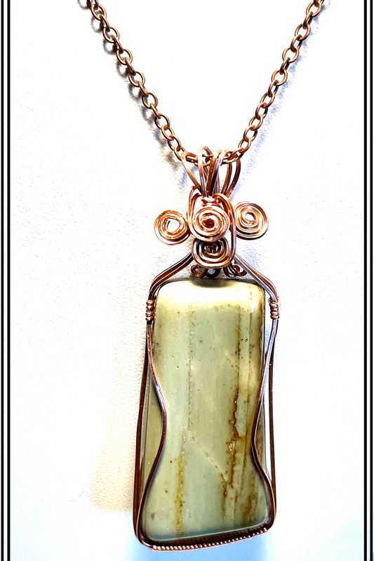 SRP0009 Large Green Serpentine Wrapped in Copper Wire, Antiqued Copper Chain