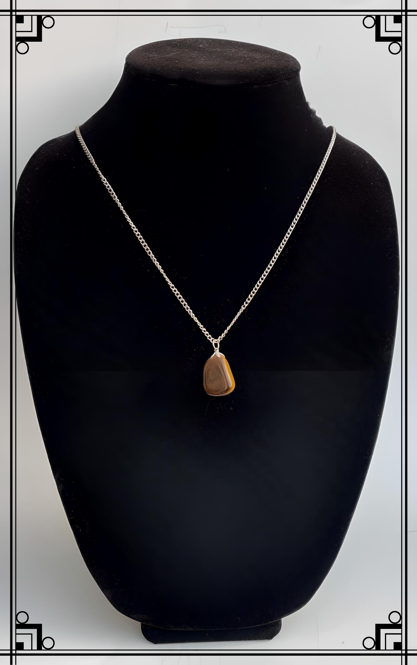 TI0001 Gold Tiger Eye Pendant, Oxidized Silver Chain